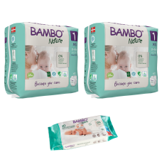 Set 2 pachete scutece Ecologice Bambo Nature Nr. 1 (2-4 kg), 44 buc. + CADOU șervețele umede BAMBO Nature, 50 buc.