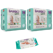 Set 2 pachete scutece Ecologice Bambo Nature Nr. 2 (3-6 kg), 60 buc. + CADOU șervetele umede BAMBO Nature, 50 buc.