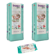 Set 2 pachete scutece Ecologice Bambo Nature Nr. 4 (7-14 kg), 96 bucati + CADOU șervețele umede BAMBO Nature, 50 buc.