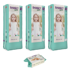 Set 3 pachete Scutece pentru copii BAMBO Nature Junior, Nr. 5 (12 - 18 kg), 132 buc. + CADOU șervețele umede BAMBO Nature, 80 buc.