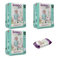 Set 3 pachete Chiloței Ecologici Bambo Nature Pants, Nr. 4, 7-14 kg, 60 buc. + CADOU șervețele umede BAMBO Nature, 80 buc.