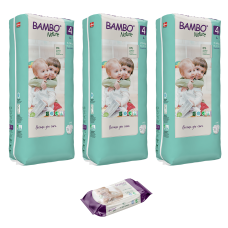 Set 3 pachete Scutece pentru copii BAMBO Nature Maxi, Nr. 4 (7 - 14 kg), 144 buc. + CADOU șervețele umede BAMBO Nature, 80 buc.